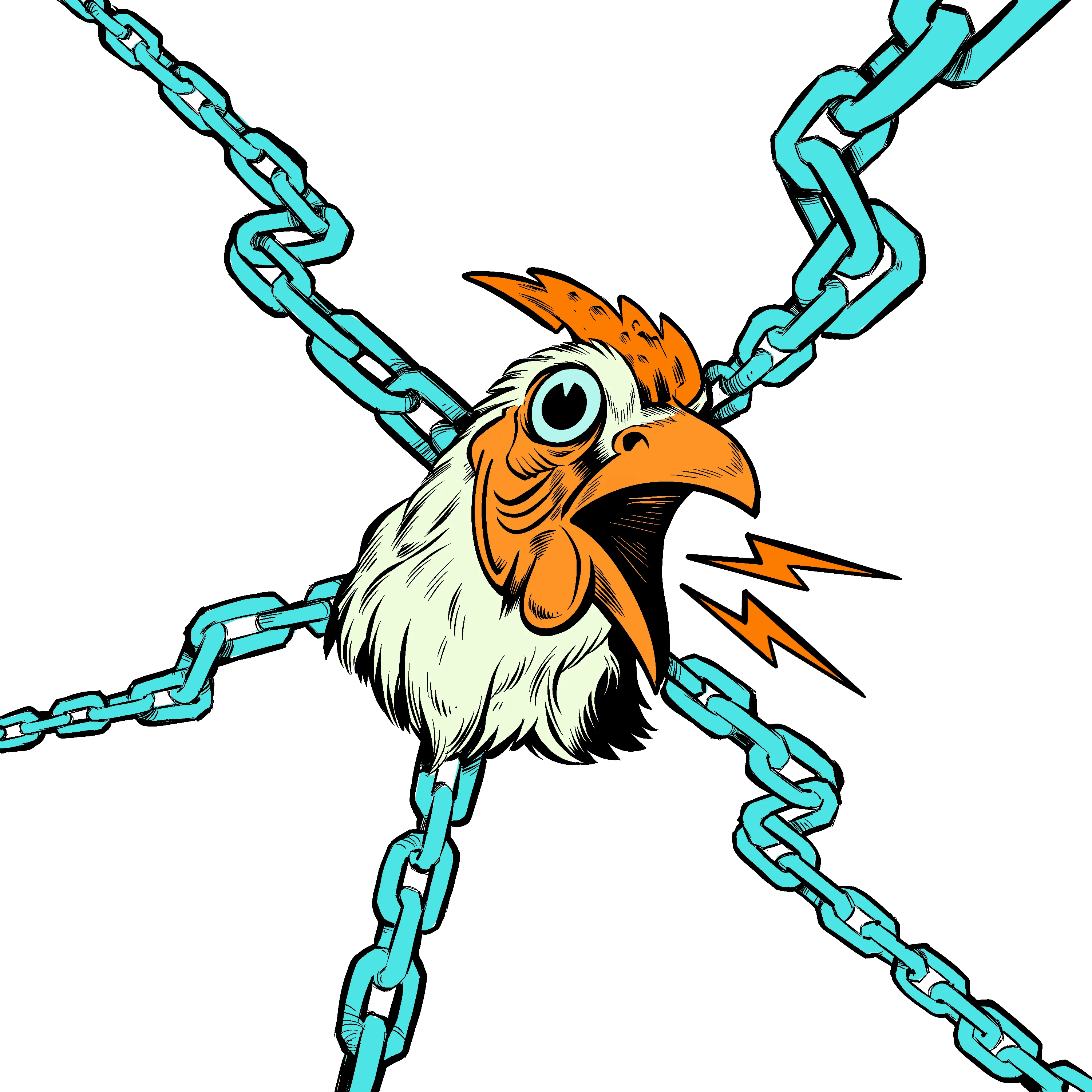 Illustrated chicken head breaking through turquoise chain links, with orange sound-bolt accents.